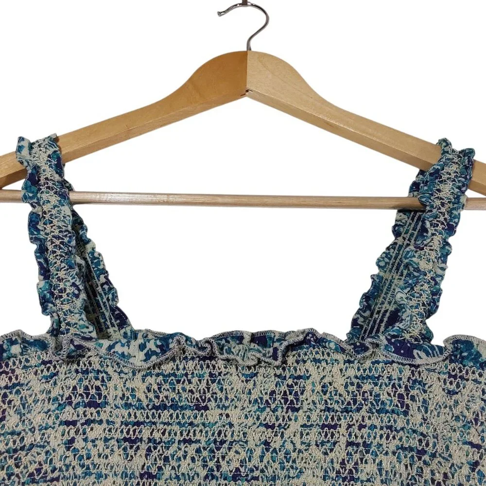 Free People Thalia Ruched Crop Top Sleeveless Square Neck Blue Purple Print - L